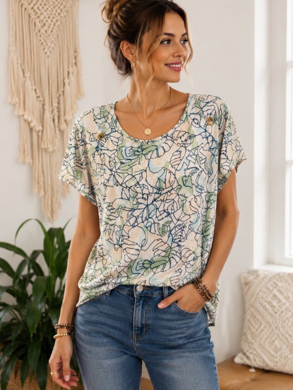 Anneliese Green Blue Tropical Print Top Decorative Button Boho Blouse M